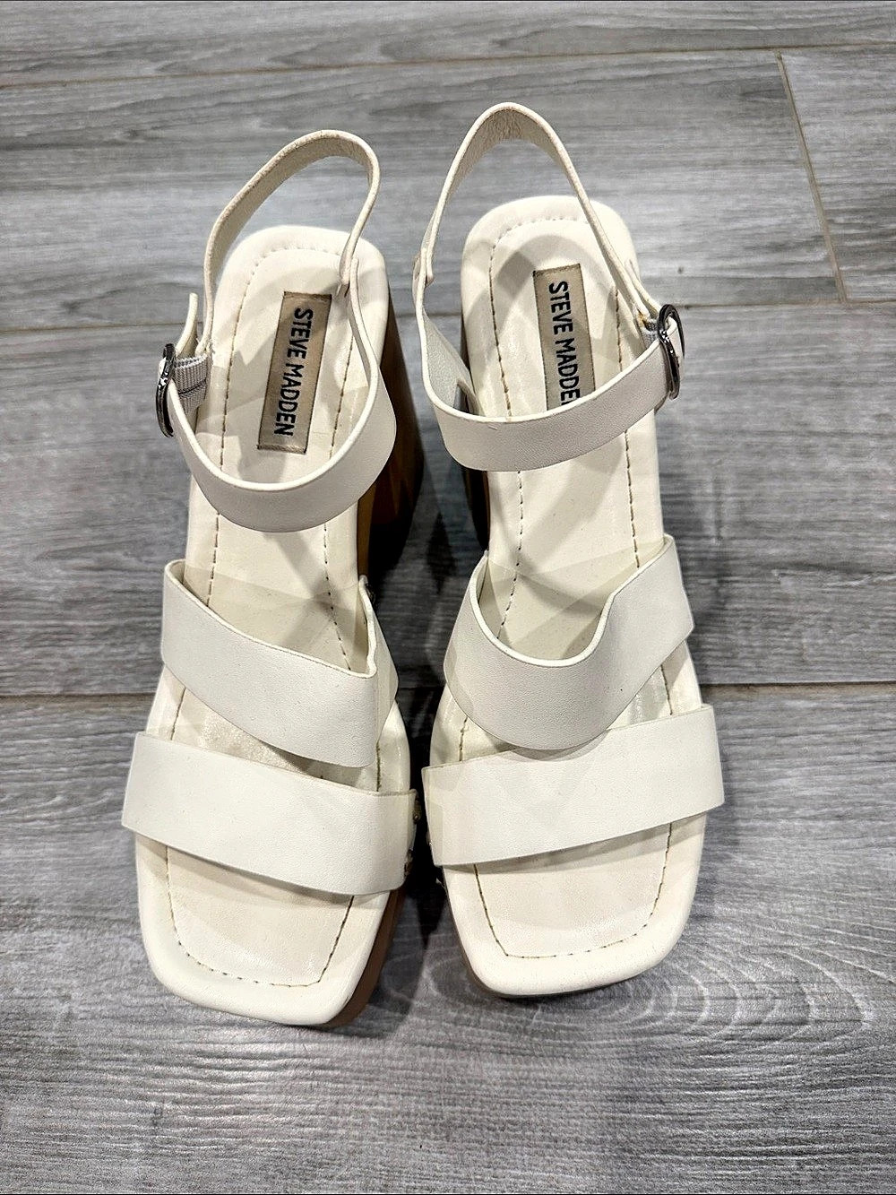 Steve Madden Kealey Leather Studded Wood Platform Block Heel Sandals Platform si